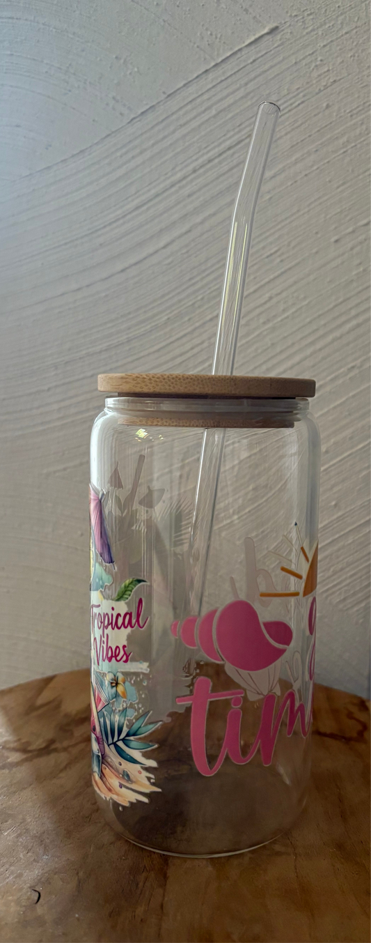Glas mit Bambusdeckel & Glasstrohhalm – „Tropical Vibes“ – Sommerdrink Glas