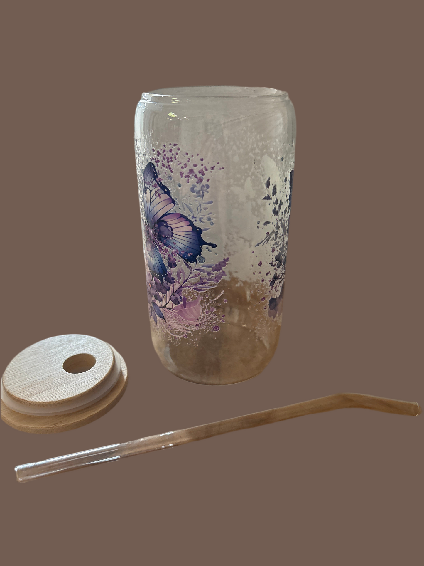 Hitzebeständiges Glas mit Bambusdeckel & Glasstrohhalm 🦋„Butterfly Dream“