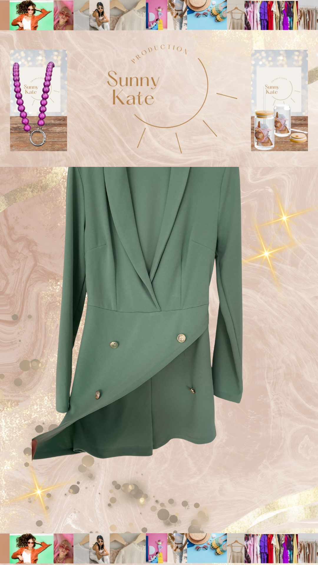 Kurzer Blazer-Overall in Salbeigrün mit Goldknöpfen – Elegant & Modern Gr. 36-40 Onesize