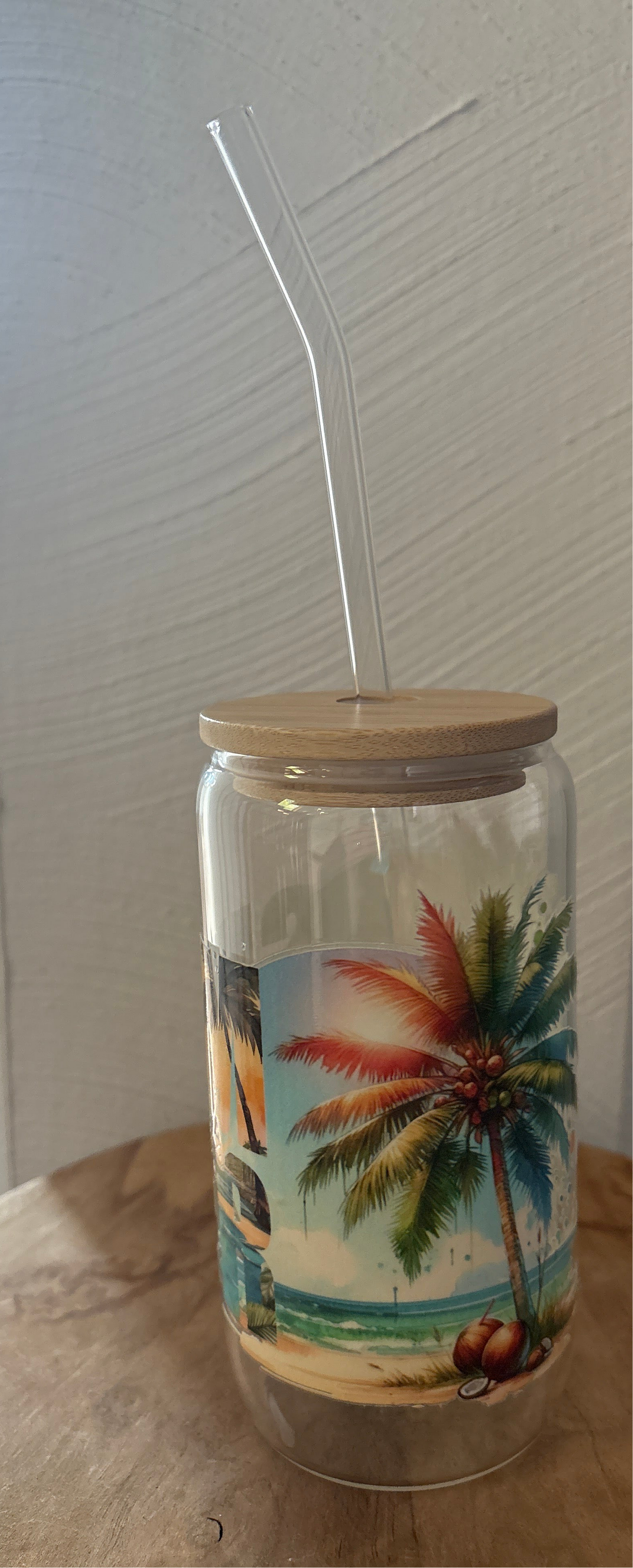Glas mit Bambusdeckel & Glasstrohhalm – „Summer Vibes“ – nachhaltiges Trinkglas
