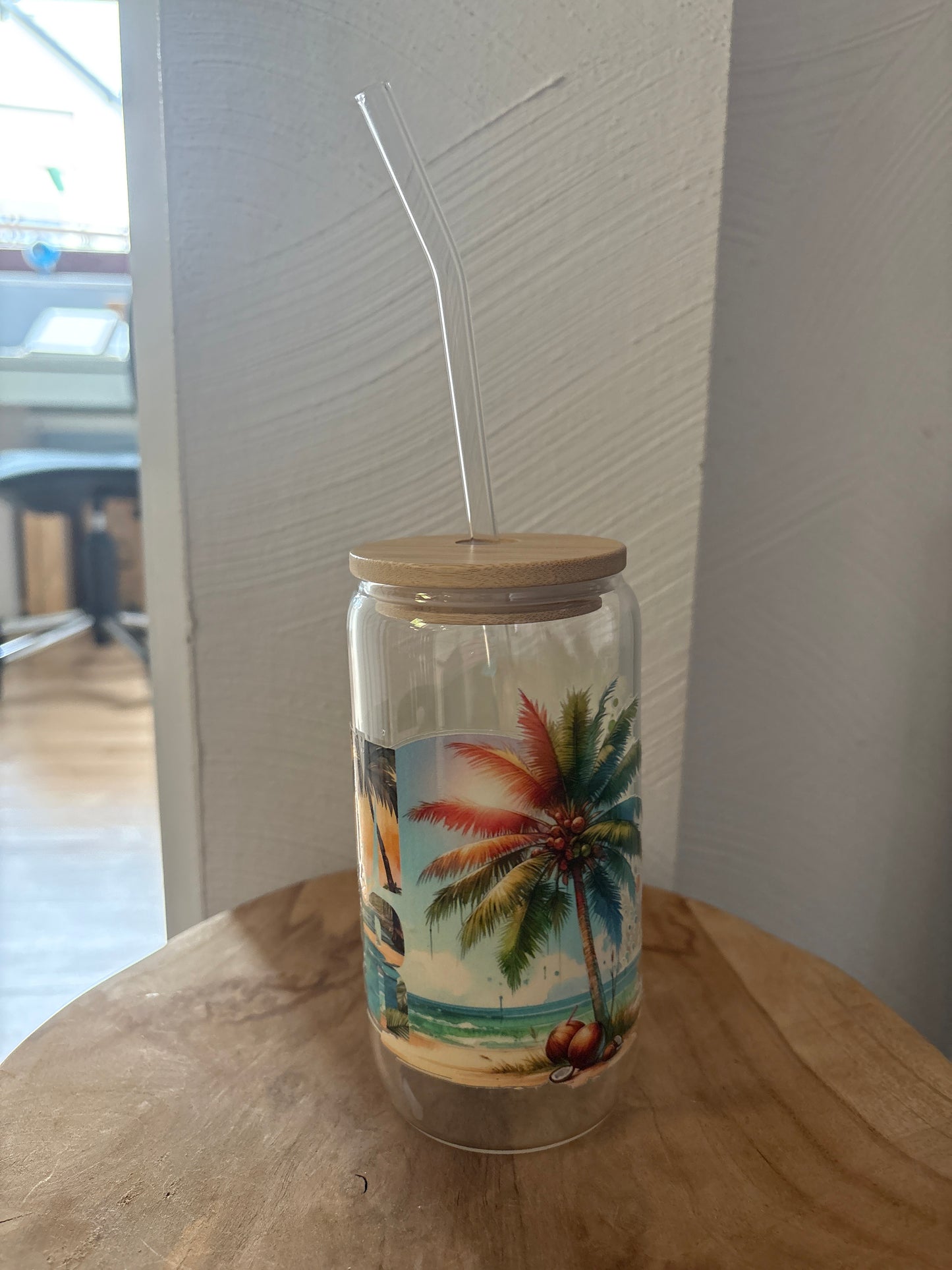 Glas mit Bambusdeckel & Glasstrohhalm – „Summer Vibes“ – nachhaltiges Trinkglas