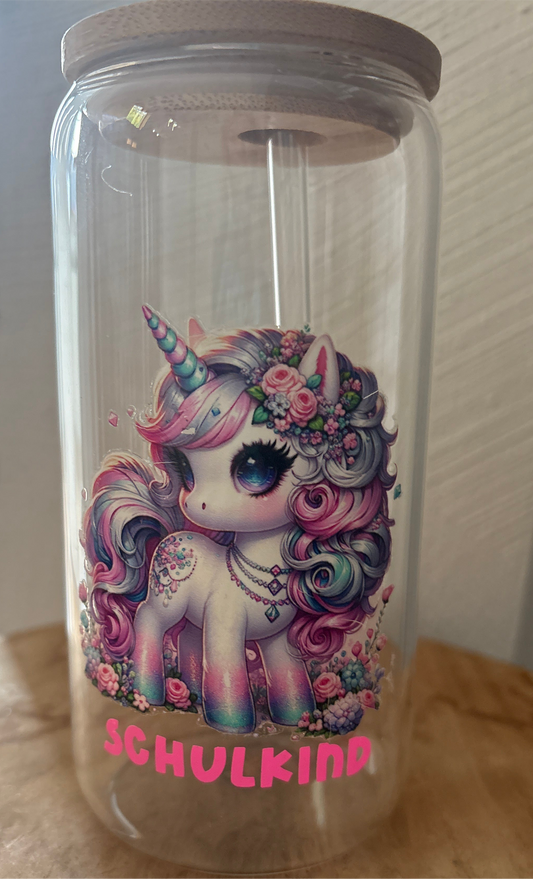 Hitzebeständiges Glas mit Bambusdeckel & Glasstrohhalm –Schulkind Einhorn 🦄
