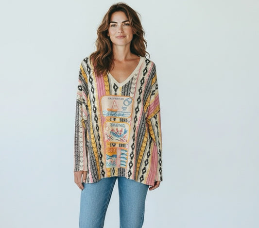Boho Langarm Shirt mit Print – California Sardine Style | One Size 36–42