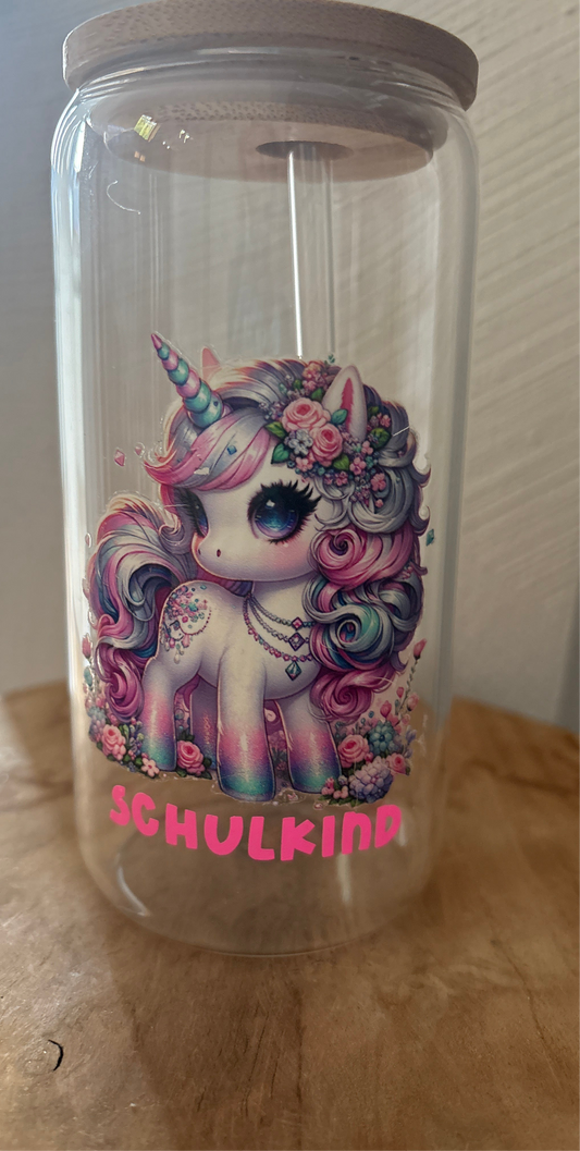Hitzebeständiges Glas mit Bambusdeckel & Glasstrohhalm –Schulkind Einhorn 🦄