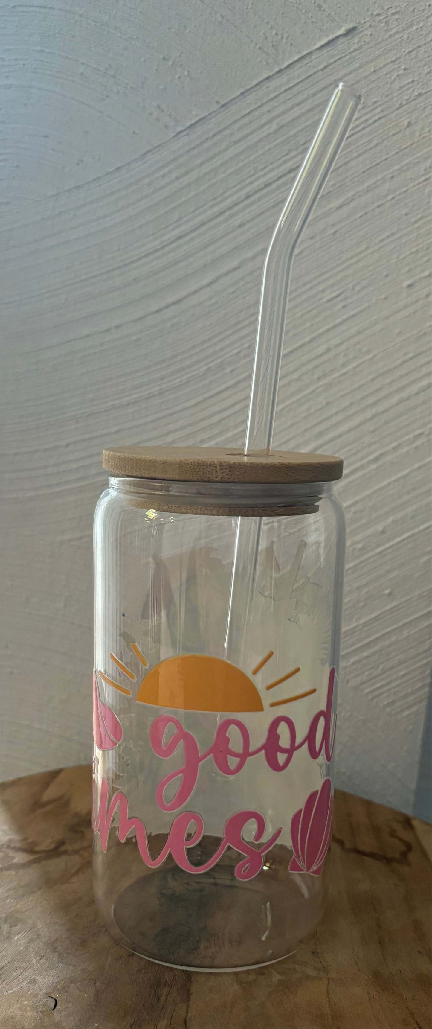 Glas mit Bambusdeckel & Glasstrohhalm – „Tropical Vibes“ – Sommerdrink Glas