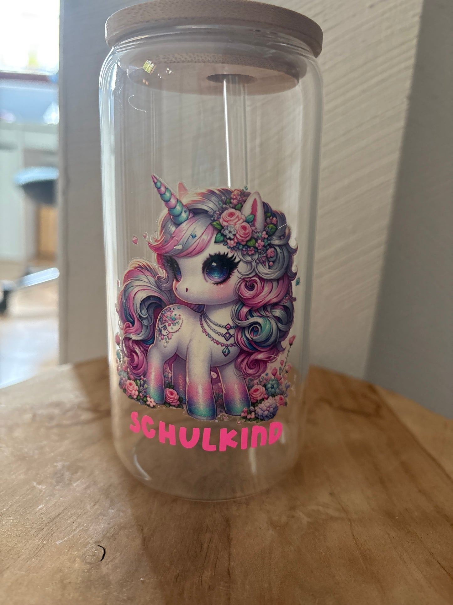 Hitzebeständiges Glas mit Bambusdeckel & Glasstrohhalm –Schulkind Einhorn 🦄