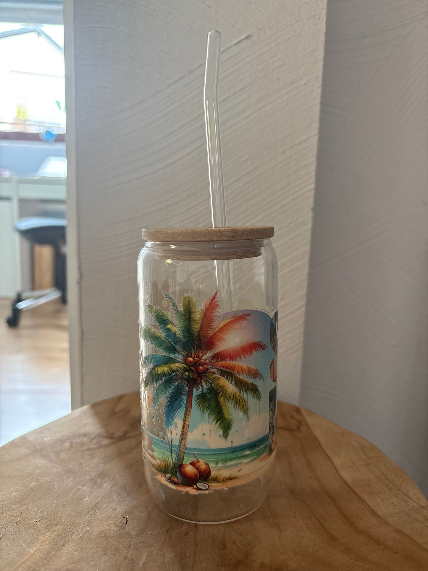 Glas mit Bambusdeckel & Glasstrohhalm – „Summer Vibes“ – nachhaltiges Trinkglas