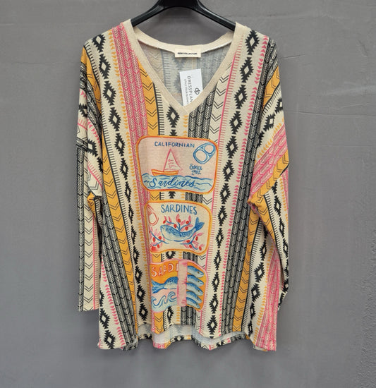 Boho Langarm Shirt mit Print – California Sardine Style | One Size 36–42