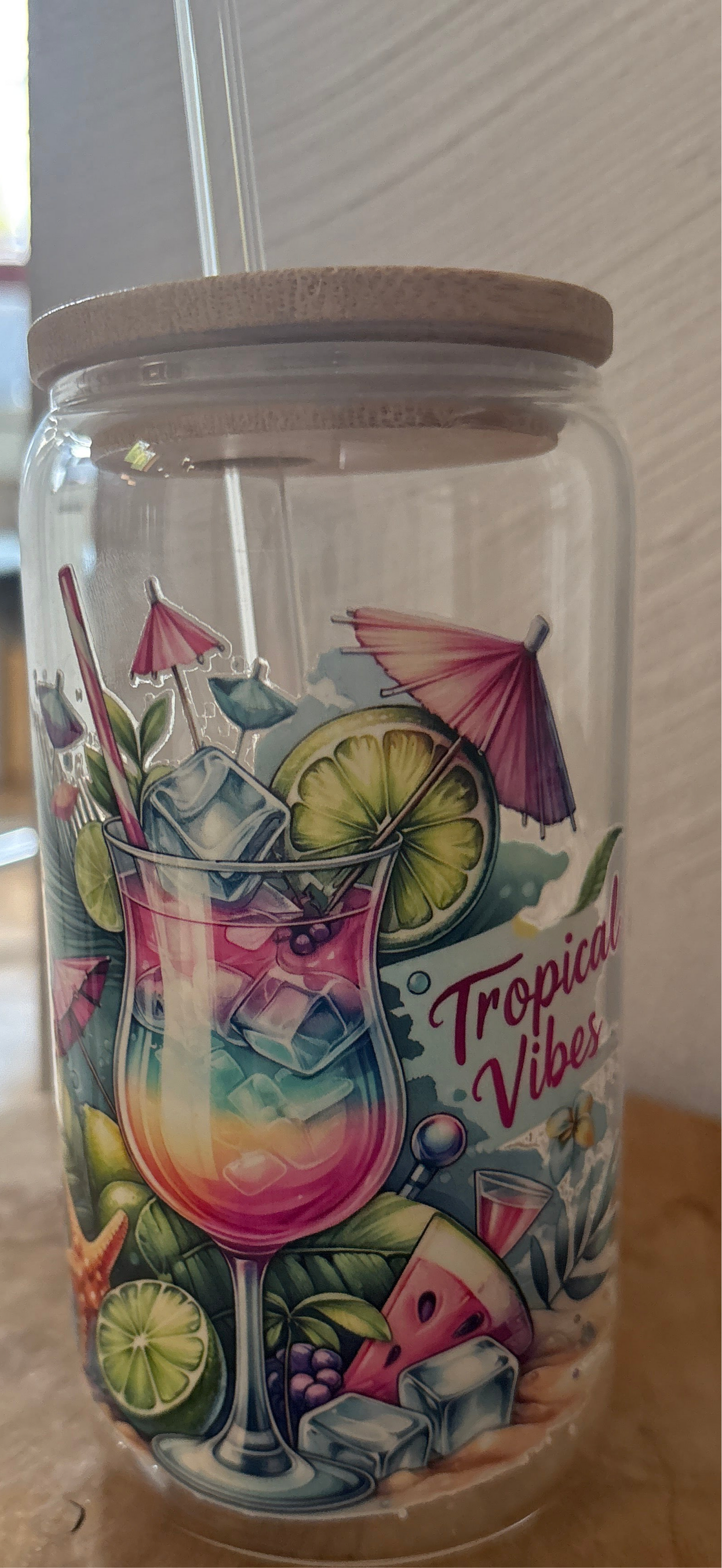 Glas mit Bambusdeckel & Glasstrohhalm – „Tropical Vibes“ – Sommerdrink Glas