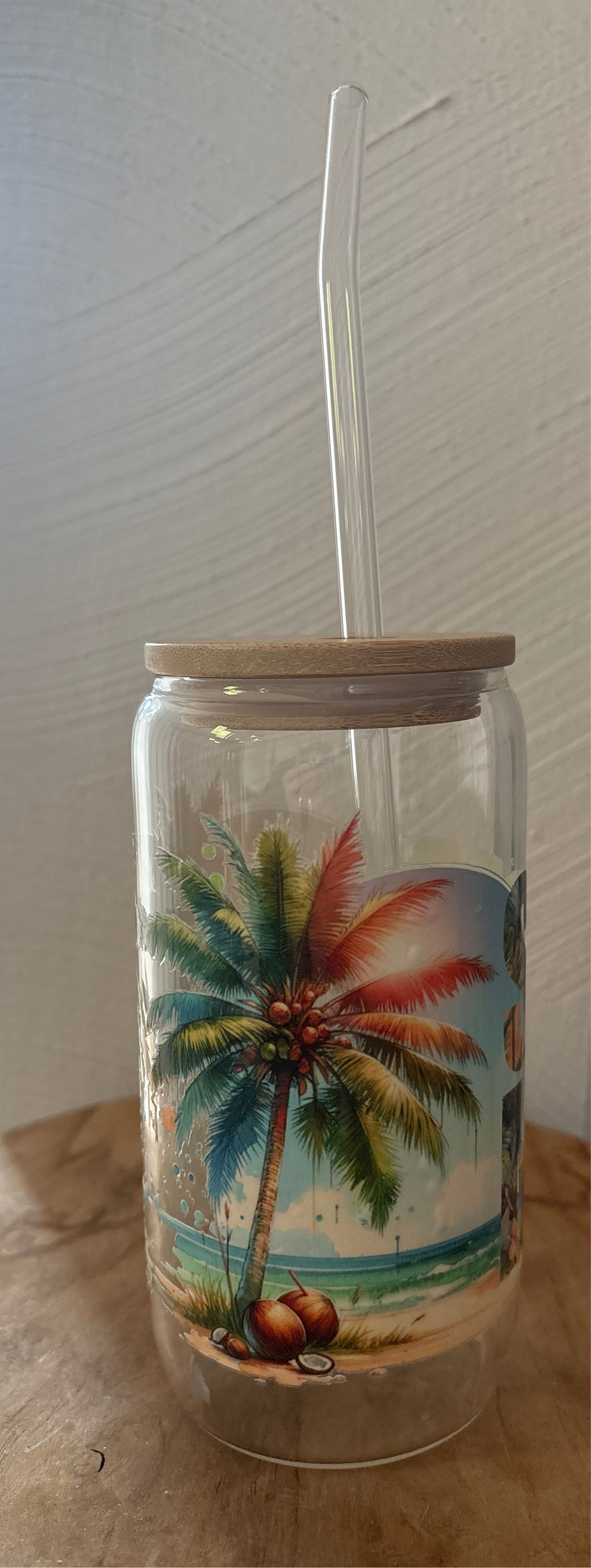 Glas mit Bambusdeckel & Glasstrohhalm – „Summer Vibes“ – nachhaltiges Trinkglas