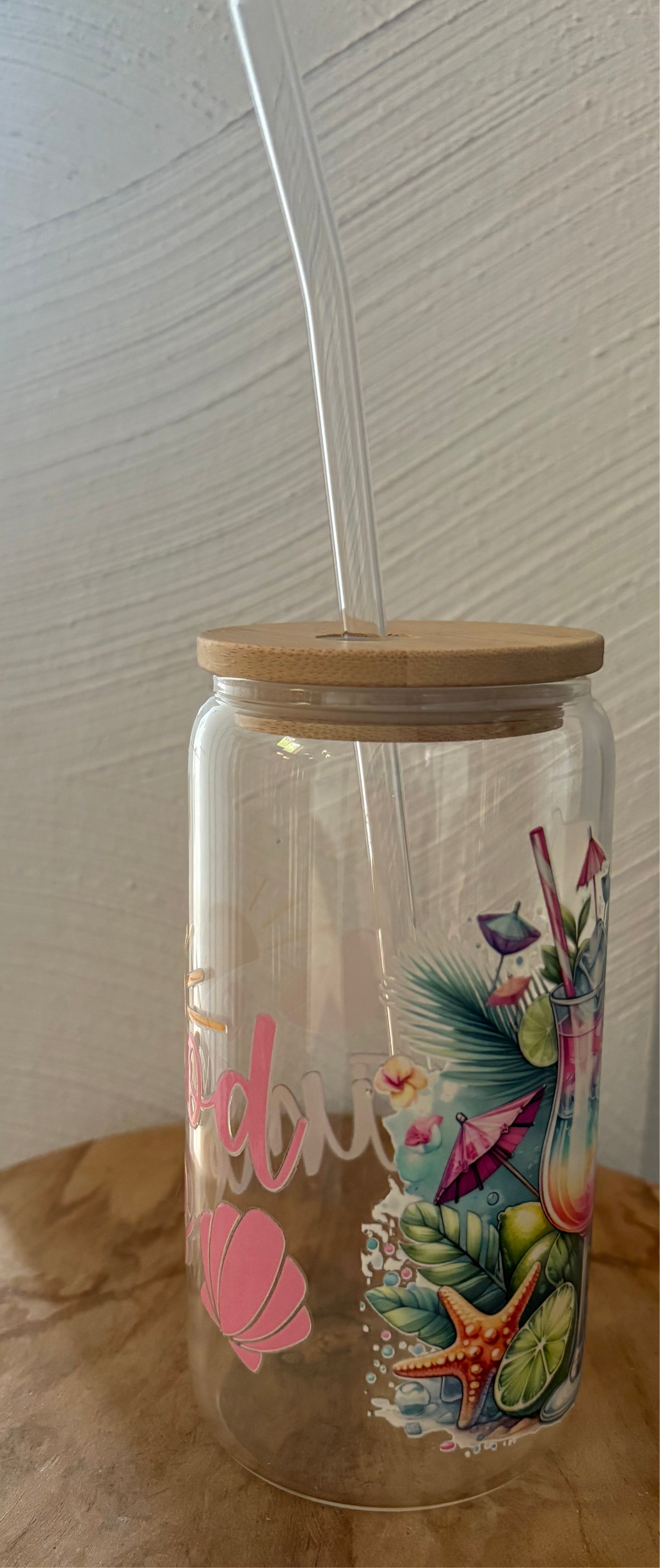 Glas mit Bambusdeckel & Glasstrohhalm – „Tropical Vibes“ – Sommerdrink Glas