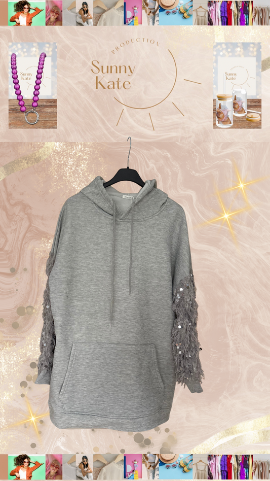 Grauer Hoodie mit Pailletten-Ärmeln – Lässig trifft Glam Gr. 36-42