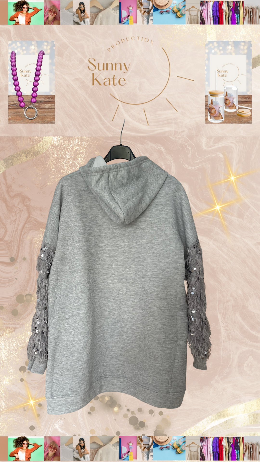 Grauer Hoodie mit Pailletten-Ärmeln – Lässig trifft Glam Gr. 36-42