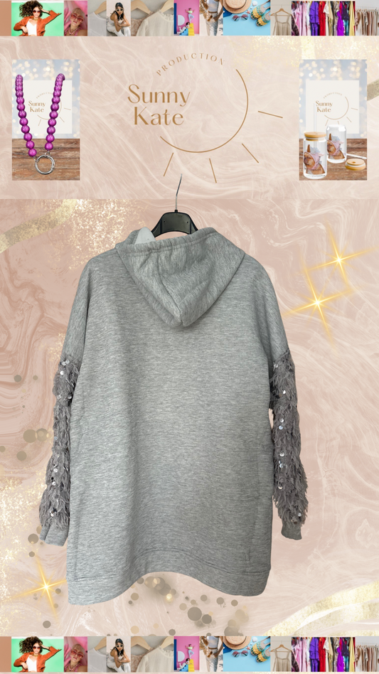 Grauer Hoodie mit Pailletten-Ärmeln – Lässig trifft Glam Gr. 36-42