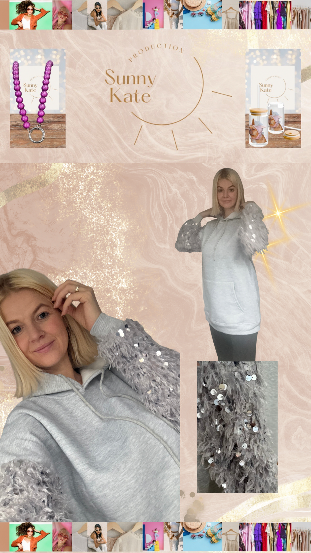 Grauer Hoodie mit Pailletten-Ärmeln – Lässig trifft Glam Gr. 36-42