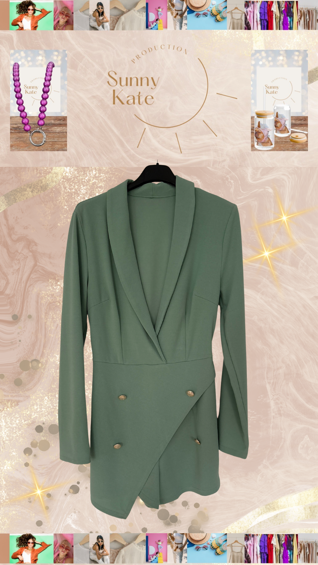 Kurzer Blazer-Overall in Salbeigrün mit Goldknöpfen – Elegant & Modern Gr. 36-40