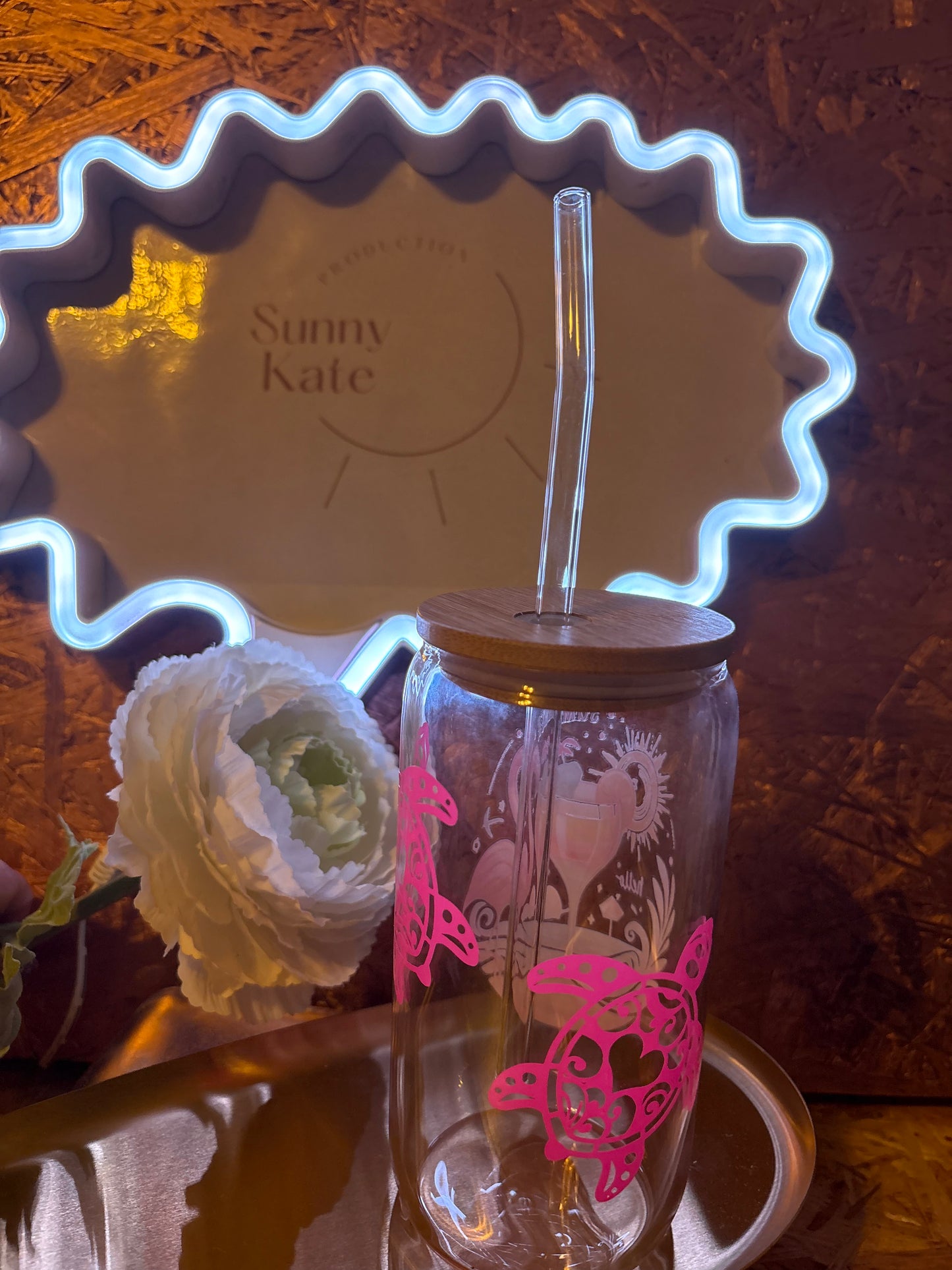 🍹Trinkglas 420 ml mit Schildkröten-Motiv – Sommerglas mit Bambusdeckel & Glasstrohhalm | Hitzebeständig für heiße & kalte Getränke
