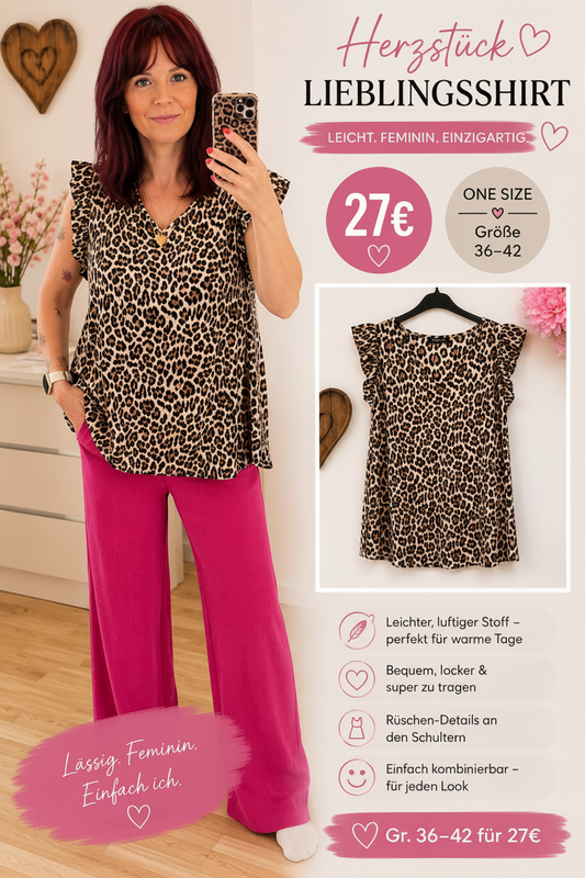 Leo-Rüschenshirt – Dein neuer Alltagsliebling 🐆
📏 One Size – passend ca. Gr. 36–42