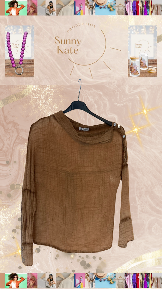 Sandy Breeze“ Musselin Bluse – Camel Brown – Off-Shoulder Vibes Gr. 34-38. -ANGEBOT!-