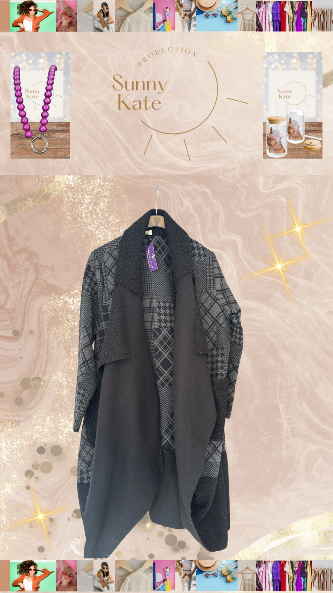 ✨ Cozy Elegance – Schwarz-Graue Oversize-Strickjacke mit Teddy-Details ✨Gr. 38-44/46