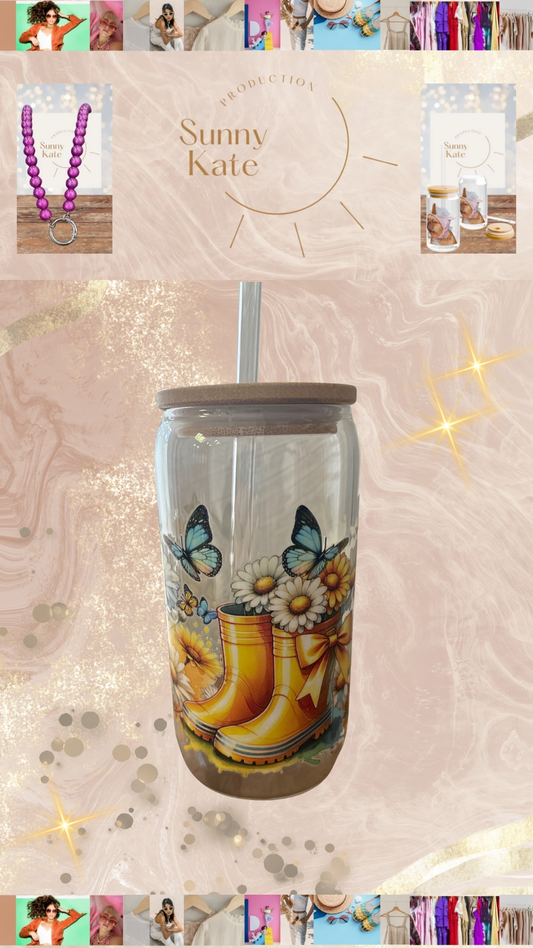 Glas mit Bambusdeckel & Glasstrohhalm – „Blumenwiese“ mit Schmetterlingen 🦋