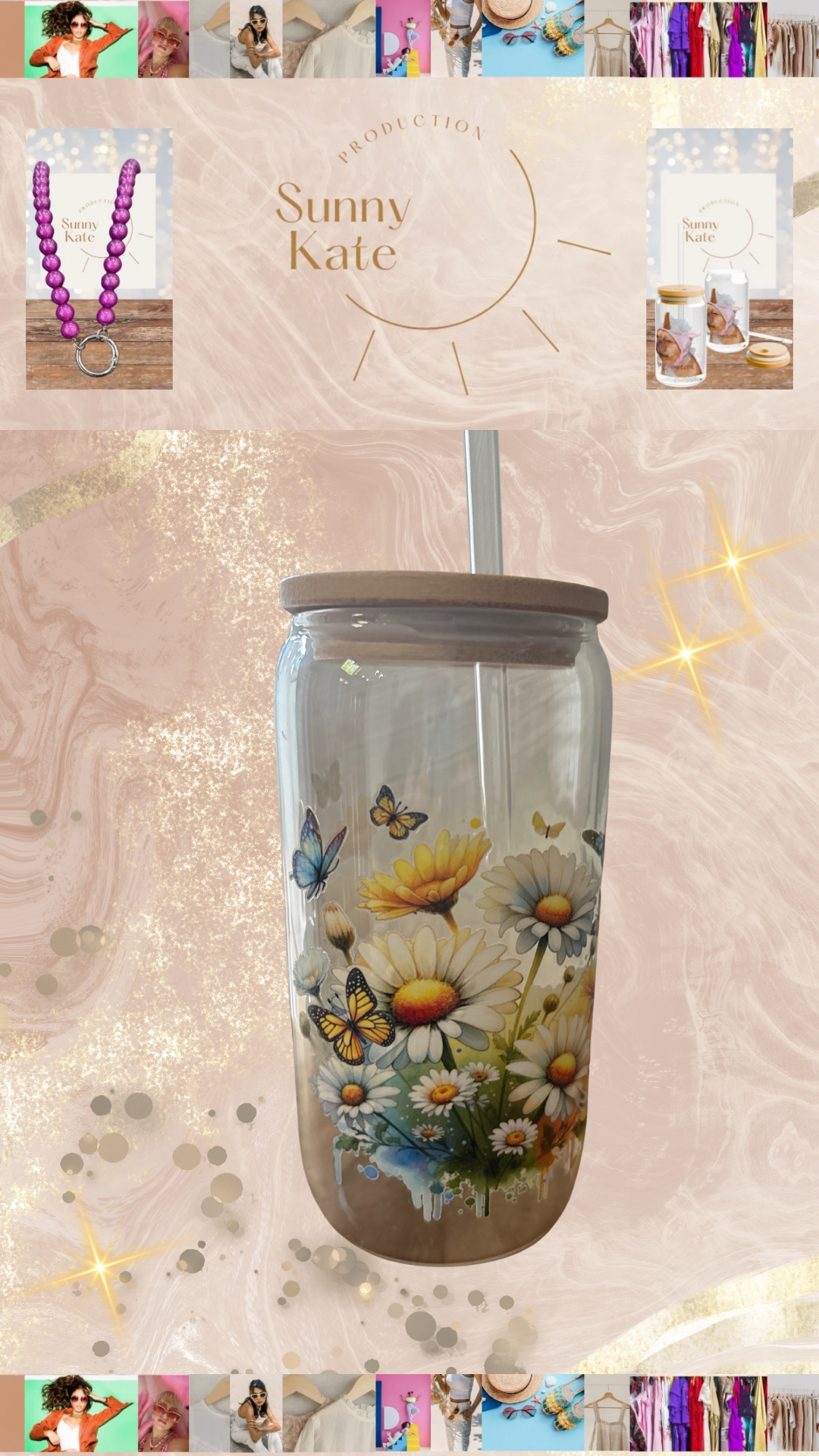 Glas mit Bambusdeckel & Glasstrohhalm – „Blumenwiese“ mit Schmetterlingen 🦋