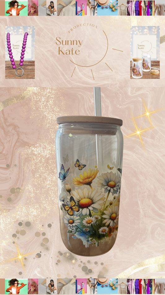 Glas mit Bambusdeckel & Glasstrohhalm – „Blumenwiese“ mit Schmetterlingen 🦋
