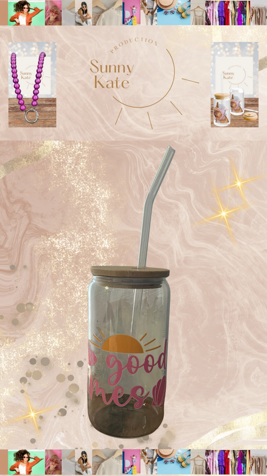 Glas mit Bambusdeckel & Glasstrohhalm – „Tropical Vibes“ – Sommerdrink Glas