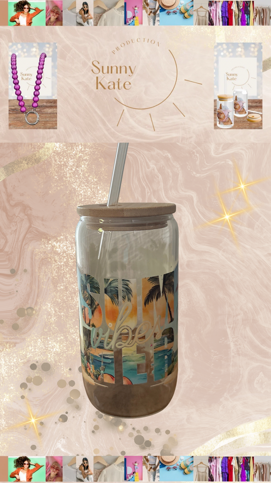 Glas mit Bambusdeckel & Glasstrohhalm – „Summer Vibes“ – nachhaltiges Trinkglas