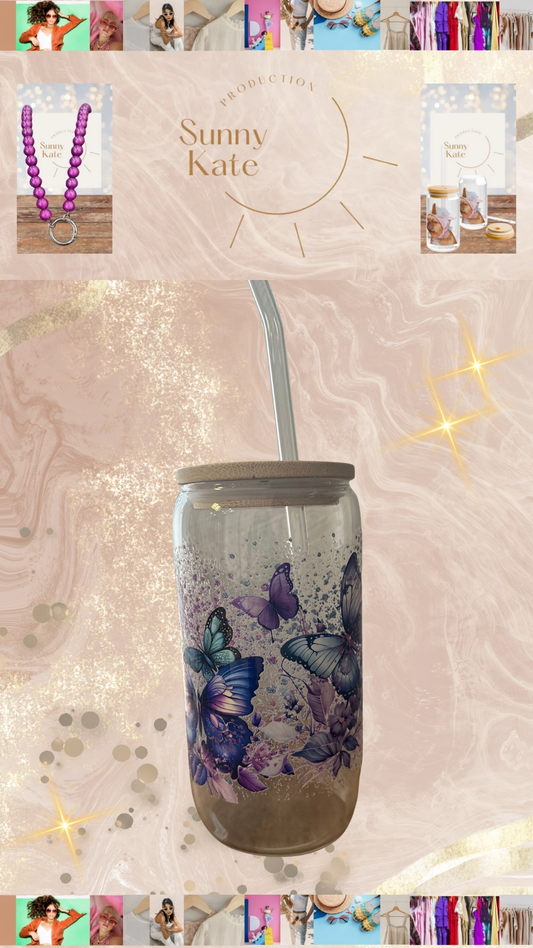 Hitzebeständiges Glas mit Bambusdeckel & Glasstrohhalm 🦋„Butterfly Dream“