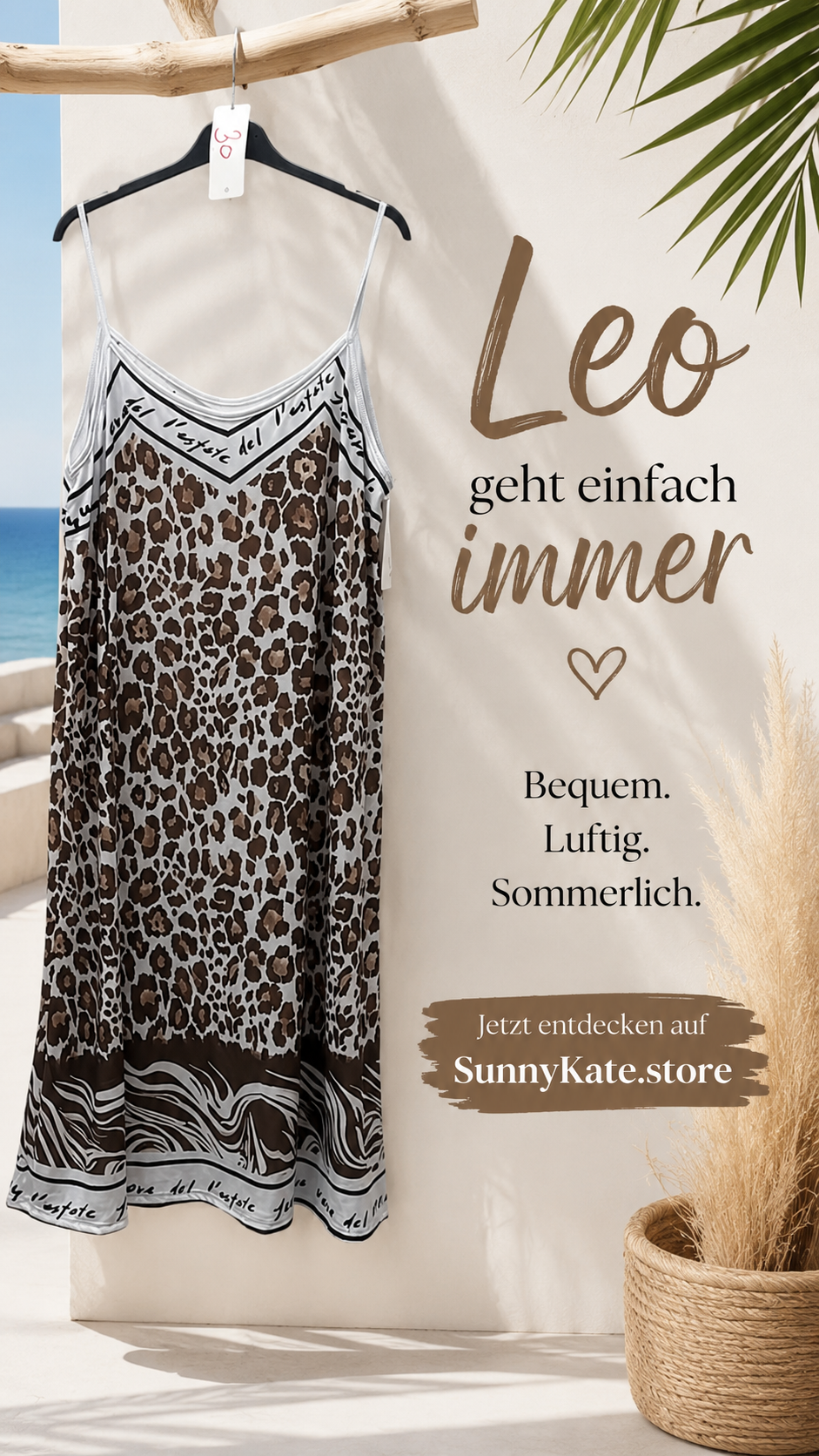 Leo Sommerkleid “Wild Elegance” – Leichtes Trägerkleid in Braun-Creme | Gr. 40-46
