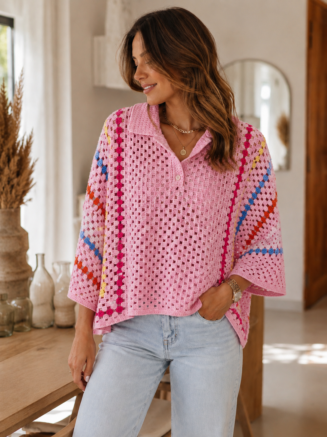 Candy Crochet Strickpullover – Rosa (One Size 36–42)