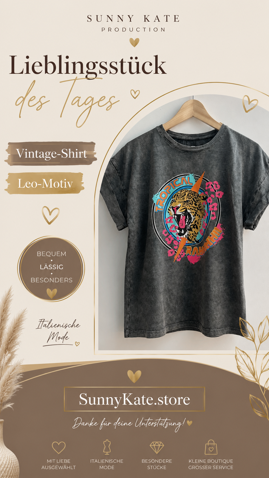 Wild Leo Vintage-Shirt – Anthrazit (One Size 36–40)