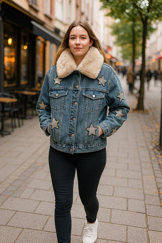 Starry Denim Vibes – Jeansjacke mit Wow-Faktor Oversize Gr. 36-40/42 Sterne & abnehmbarer Fellkragen