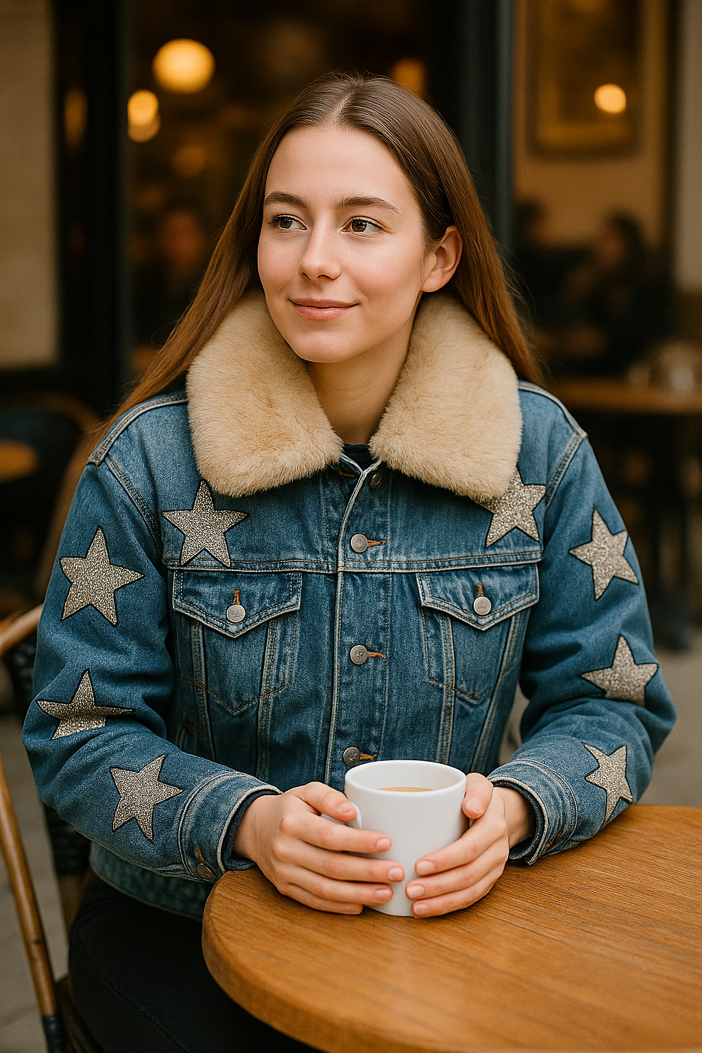 Starry Denim Vibes – Jeansjacke mit Wow-Faktor Oversize Gr. 36-40/42 Sterne & abnehmbarer Fellkragen