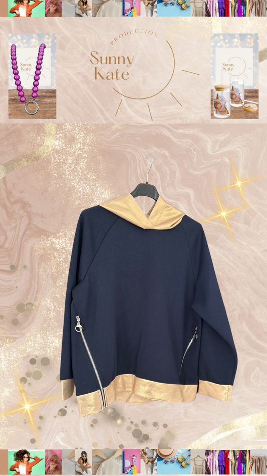 Luna Hoodie Navy Gold – Casual Eleganz mit Zipper-Details 🫶Onesize tragbar von 36/38-42